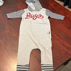 Rags to Raches Gray and Black Striped Kids Romper.